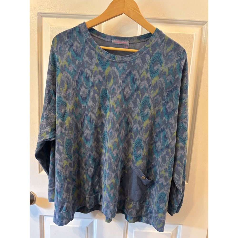 Fresh Produce Womens Blue Green Ikat Diamond Print Pullover Sweatshirt OS
